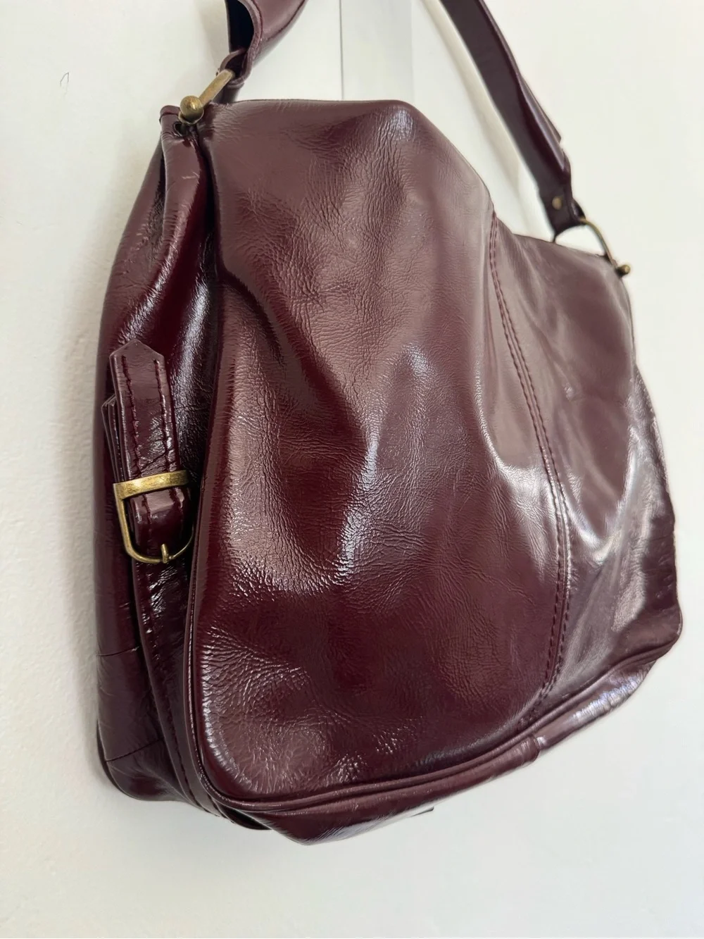 Anthropologie Bica Cheia Burgundy Slouchy Hobo Bag Patent Leather